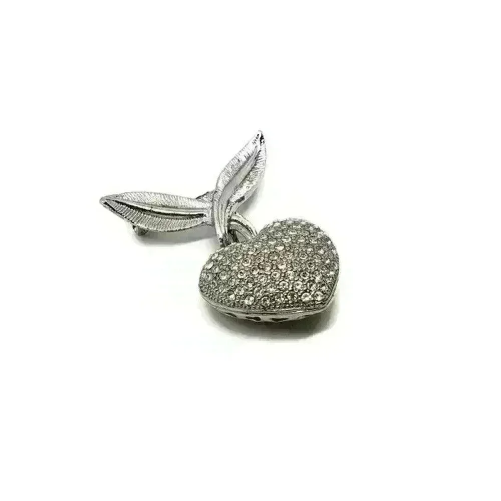 Vintage silver PUFFY HEART Charm Rhinestone Brooch Bow Signed CORO Pierced